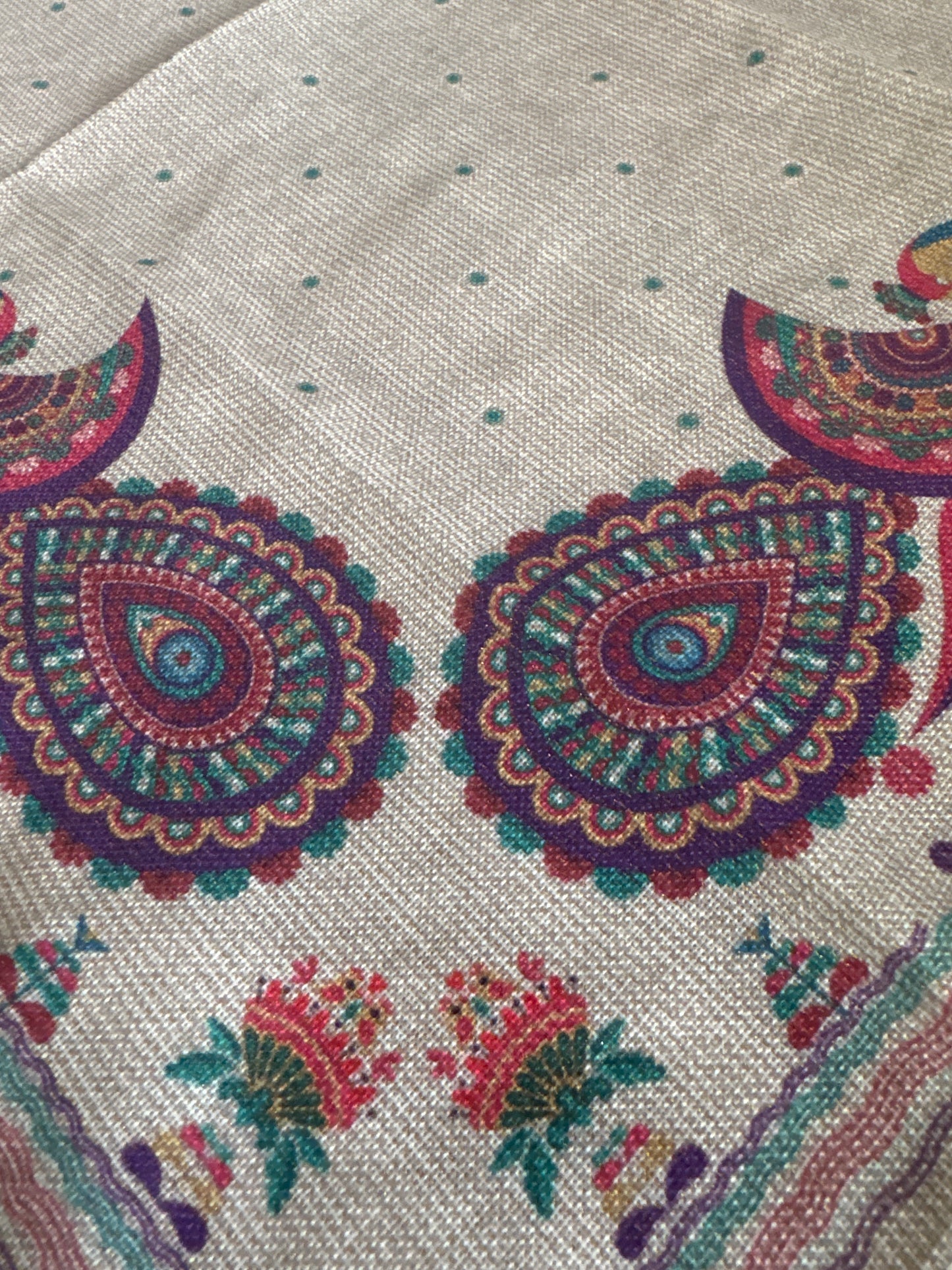 Happy Diwali – Festival of Light peacock cloth napkins set with colorful printed design and lurex accents, shown in folded and close-up views