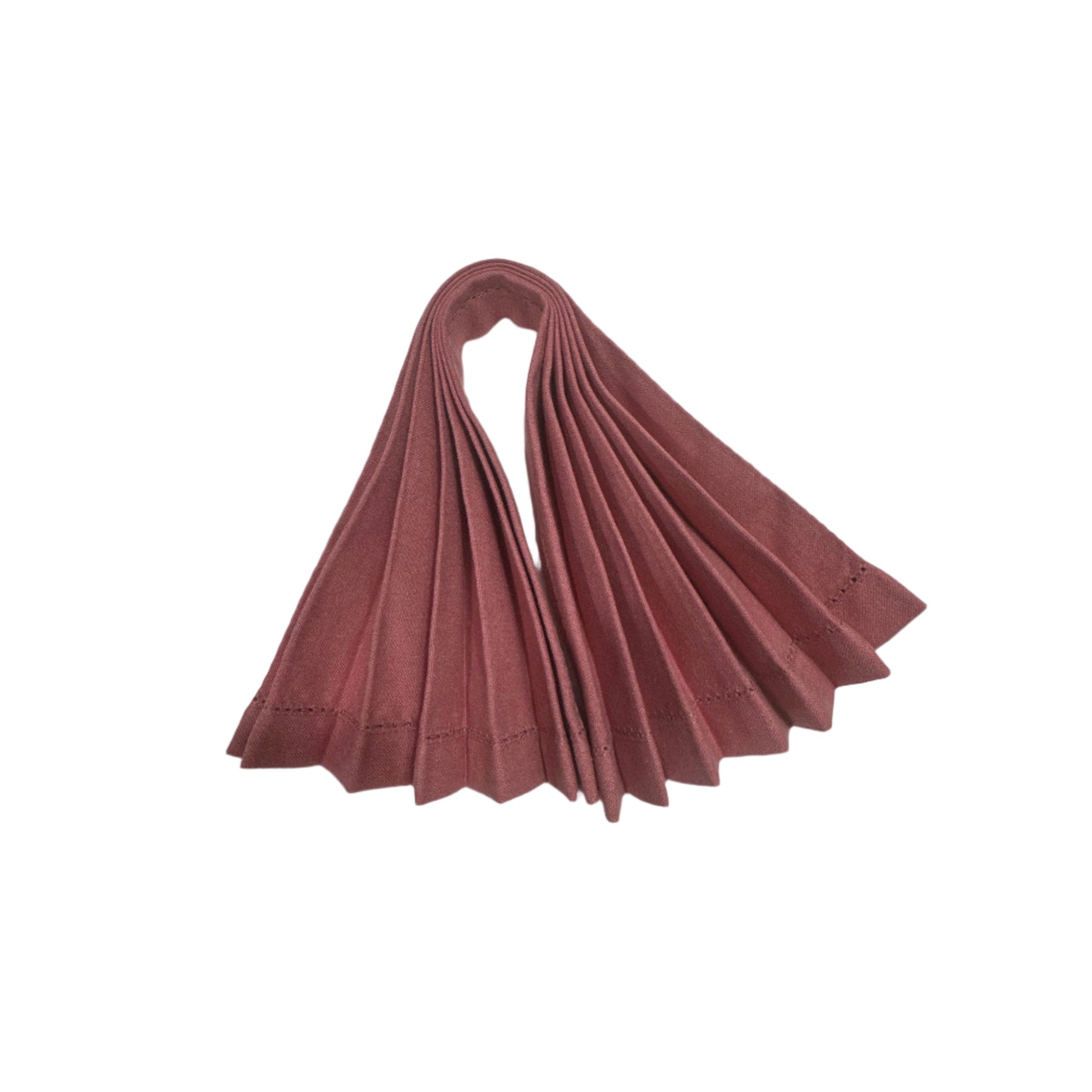 Burgundy cotton napkin elegantly folded in a fan shape, showcasing neat pleats with fine stitched edges, creating a sophisticated presentation