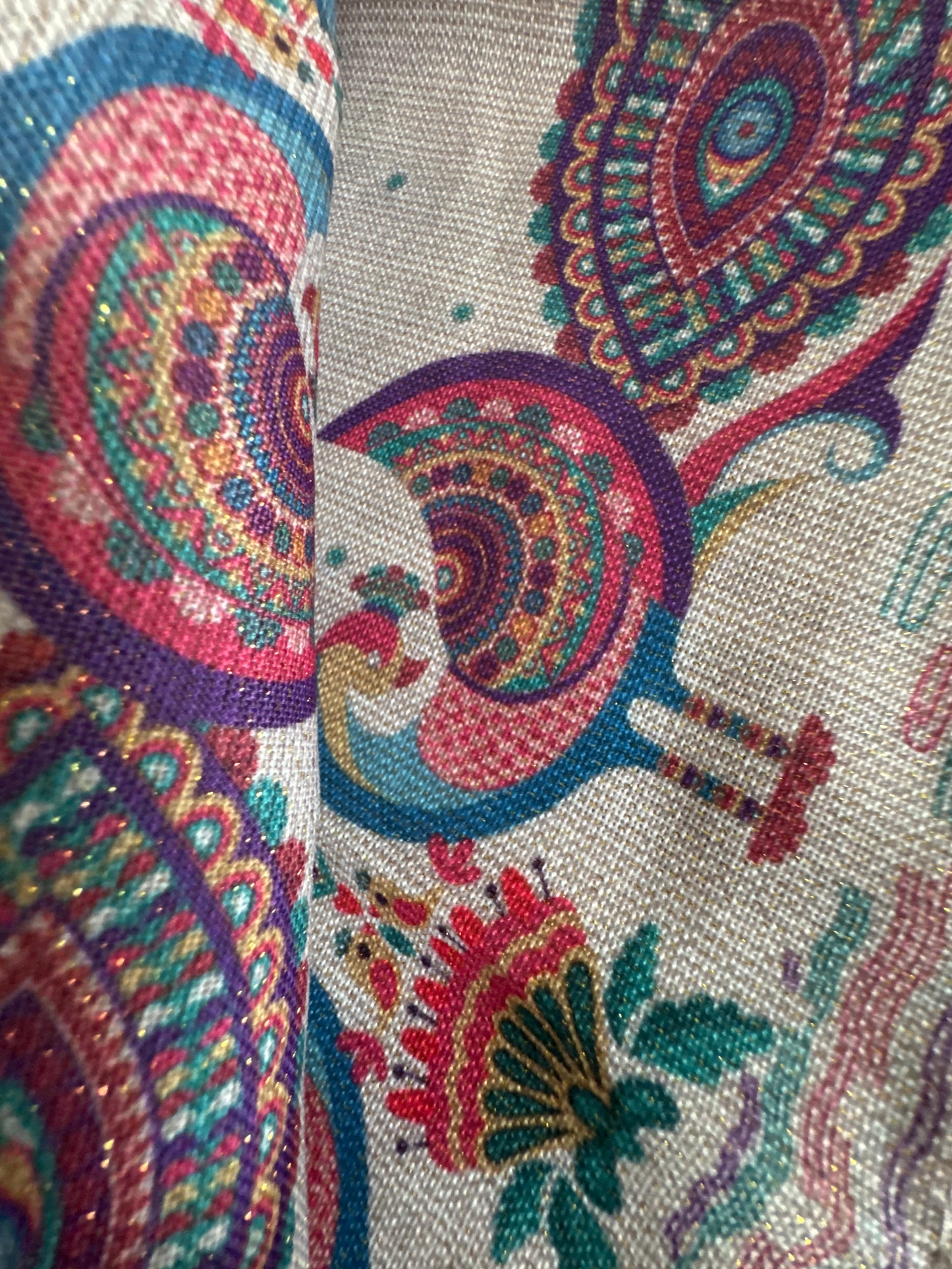 Happy Diwali – Festival of Light peacock cloth napkins set with colorful printed design and lurex accents, shown in folded and close-up views