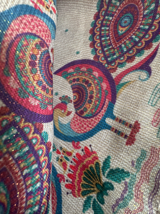 Happy Diwali – Festival of Light peacock cloth napkins set with colorful printed design and lurex accents, shown in folded and close-up views