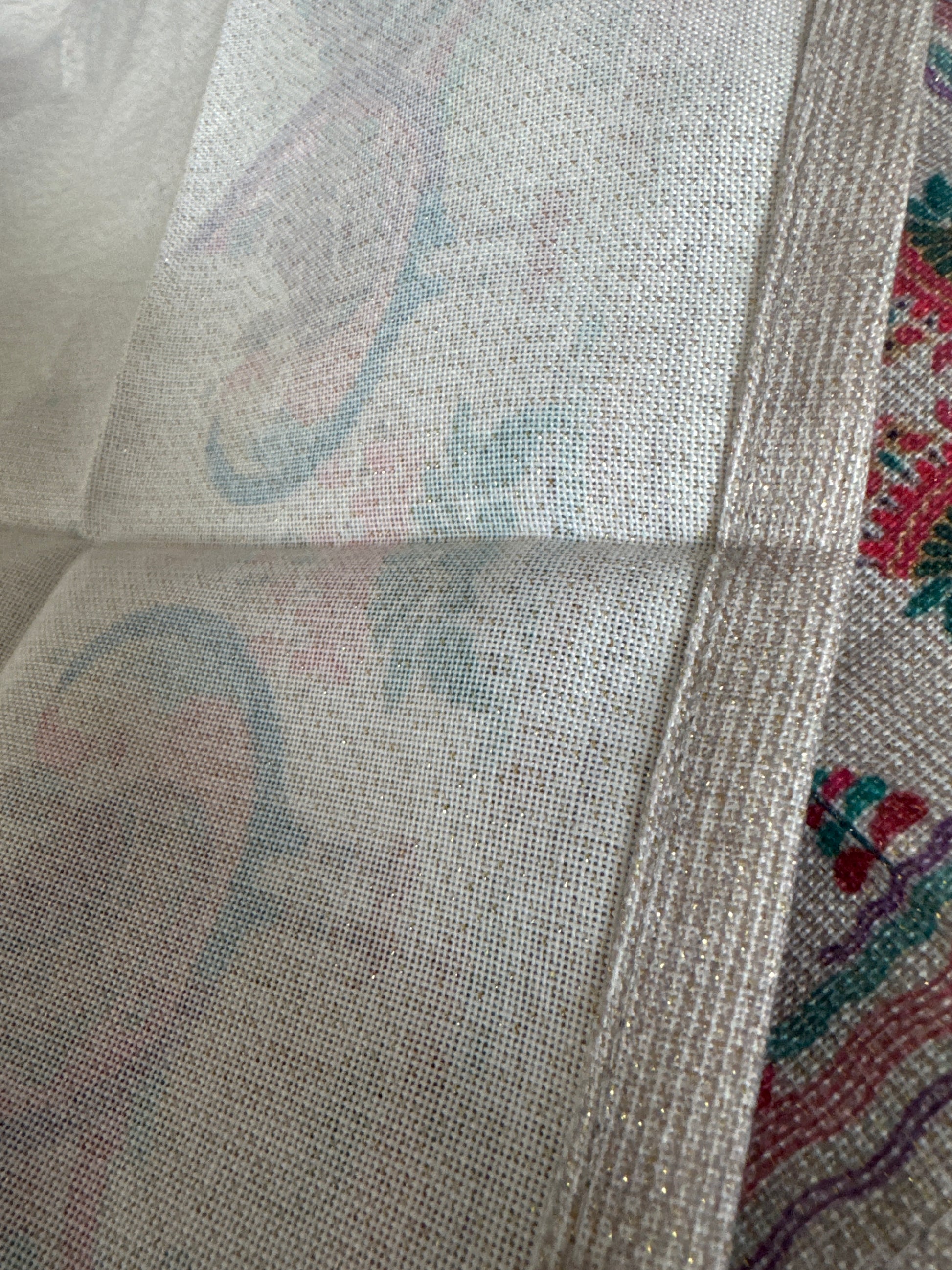 Happy Diwali – Festival of Light peacock cloth napkins set with colorful printed design and lurex accents, shown in folded and close-up views