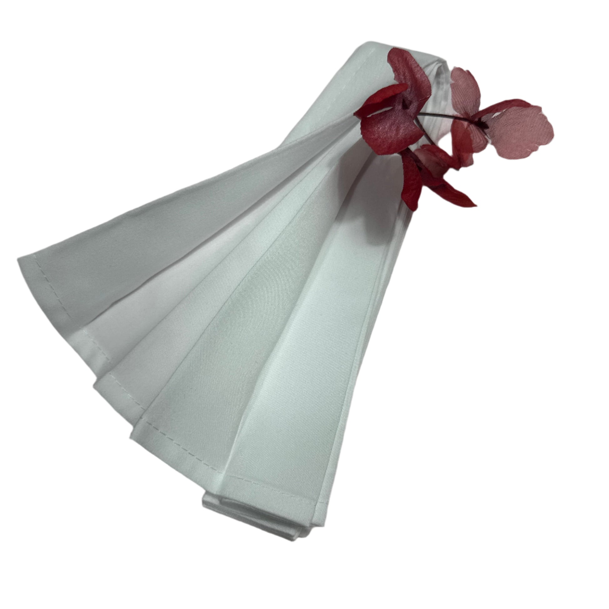 White polyester cloth napkins 18 x 18 inches set of eight by Monarch Linens shown folded and styled for formal and everyday table settings