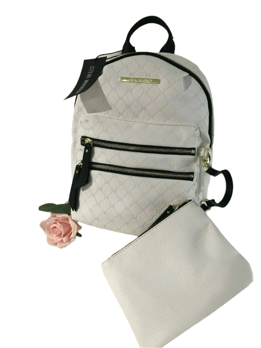 Steve Madden white quilted backpack with gold logo and matching wristlet
