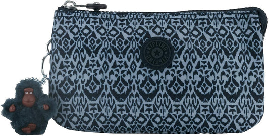 Kipling Creativity Pouch in Geometric Bliss print with triple zip compartments, compact 7″ × 4.25″ × 1″ size, perfect for travel and everyday organization.