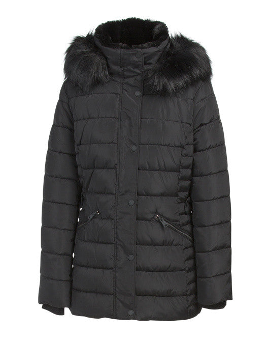 KENNETH COLE Women's Faux Fur Trim & Hood Puffer Coat L