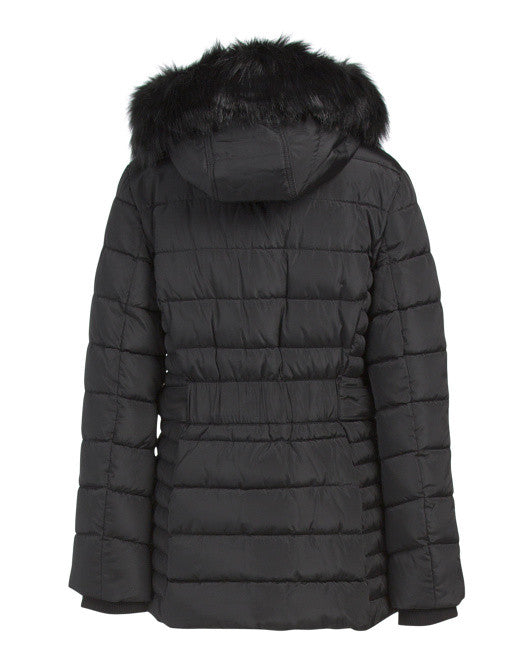 KENNETH COLE Women's Faux Fur Trim & Hood Puffer Coat L