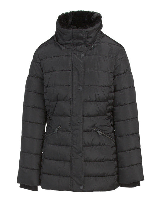 KENNETH COLE Women's Faux Fur Trim & Hood Puffer Coat L