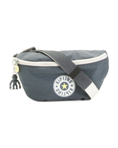 Kipling Fresh Waist Pack in Grey Slate with adjustable strap, zip closure, interior pocket, and monkey charm.