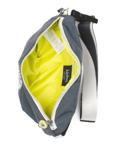 Kipling Fresh Waist Pack in Grey Slate with adjustable strap, zip closure, interior pocket, and monkey charm.