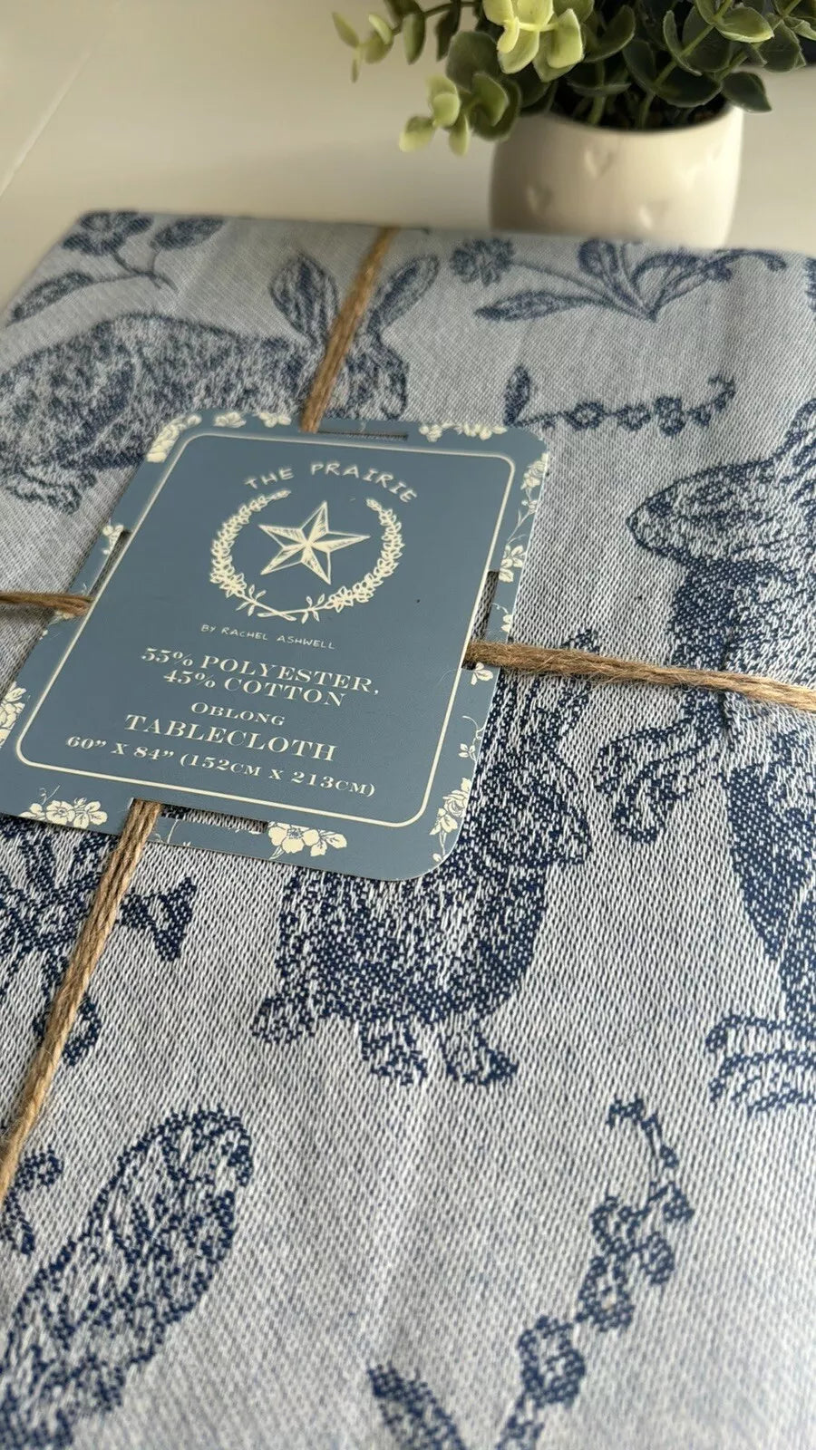 Tablecloth Rachel Ashwell Bunny Field Jacquard  Oblong 60" x 84" | Blue, Cotton-Poly Blend