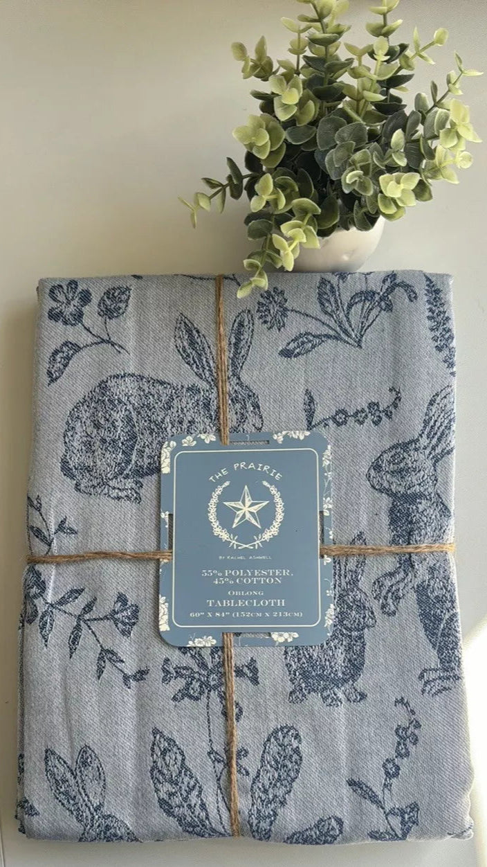 Tablecloth Rachel Ashwell Bunny Field Jacquard  Oblong 60" x 84" | Blue, Cotton-Poly Blend