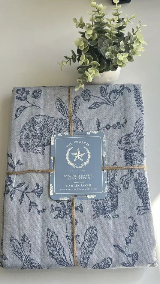 Tablecloth Rachel Ashwell Bunny Field Jacquard  Oblong 60" x 84" | Blue, Cotton-Poly Blend
