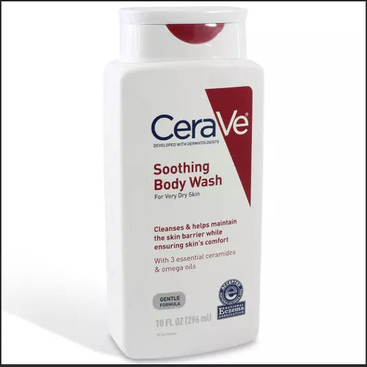 Soothing cream body wash for dry and sensitive skin, 10 fl oz, white bottle