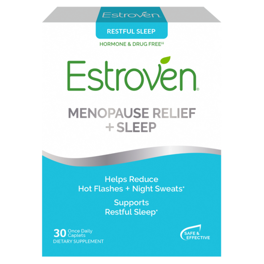 Box of Estroven Menopause Relief + Sleep supplement with 30 caplets for hot flash and night sweat relief.