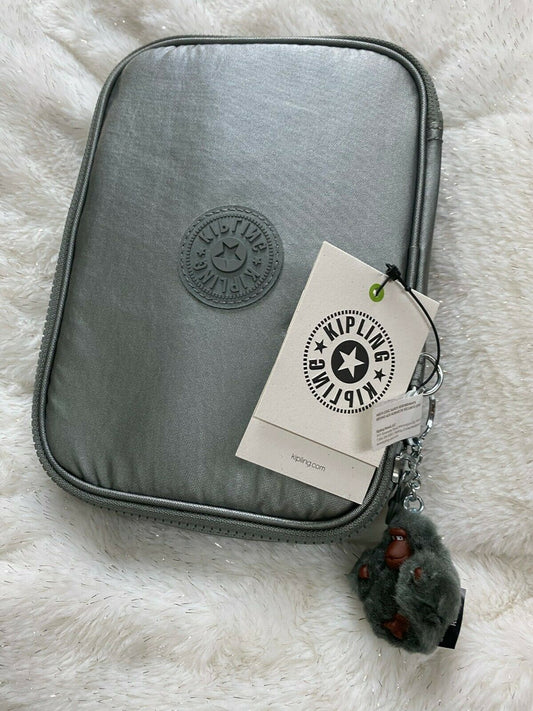 KIPLING 100 Pens Nylon Accessory Pencil Case Metallic Stoney GM