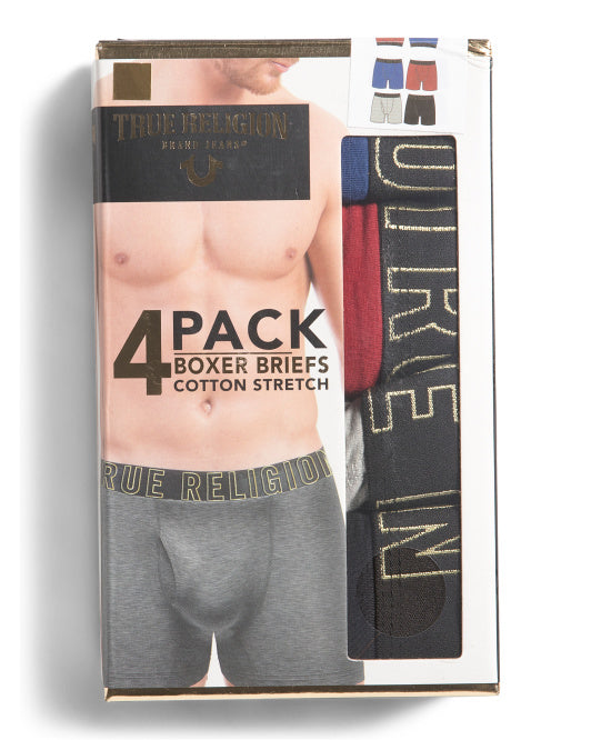 True Religion 4 Pack Cotton Stretch Boxer Briefs Assorted Colors with Logo Waistband