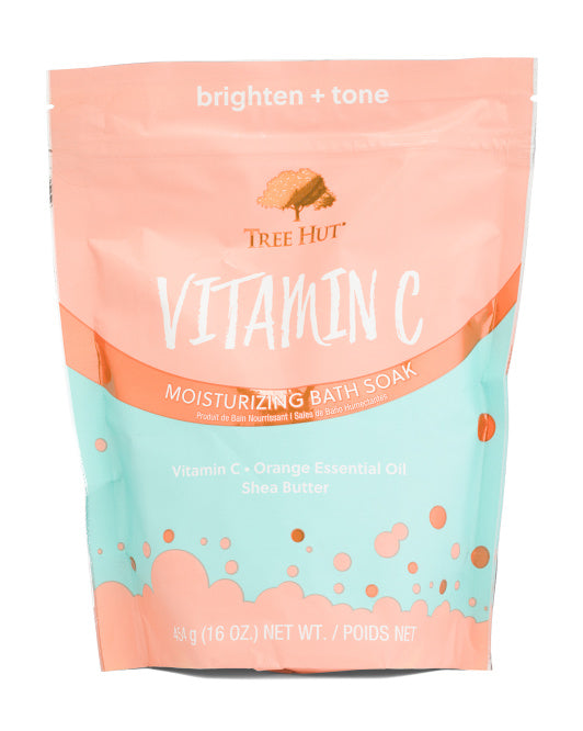 Vitamin C moisturizing bath soak with shea butter and orange essential oil in a resealable 16oz pouch