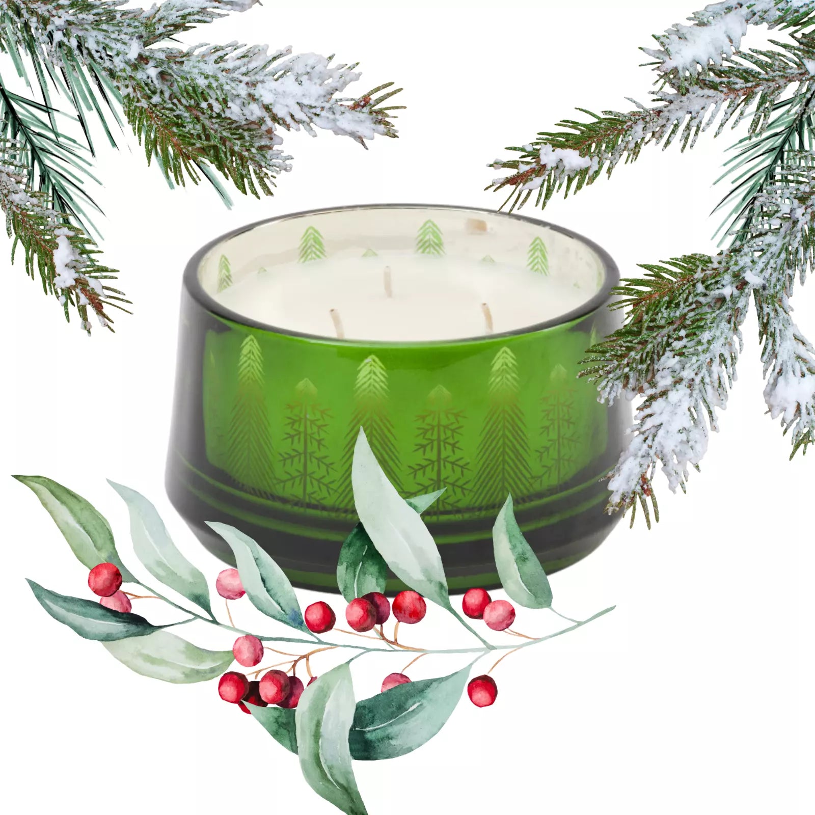 An 18oz Pine and Sage 3-Wick Candle with a Christmas tree motif, hand-poured, displayed in a green glass container surrounded by festive decorations including Christmas trees and wrapped gifts.