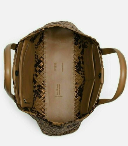 Falor Large Tote Brown Cuoio Metallic Handmade In Italy Woven Leather