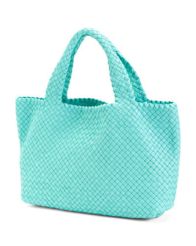 Falor Woven leather handbag tote w/ pouch AQUA F7349 teal blue ITAALE