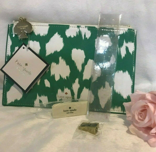Pencil Pouch Green And White With Eraser, Ruler & Sharpener Kate Spade New York