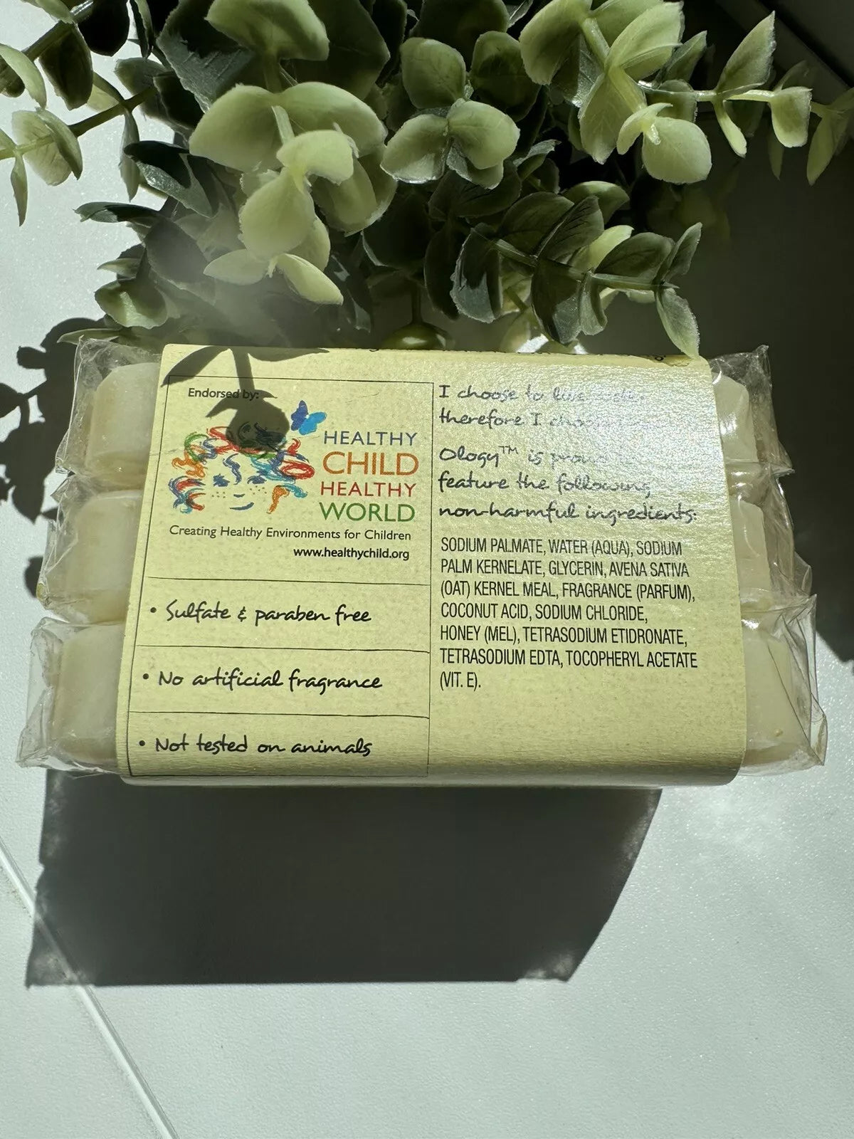 Ology Oatmeal Soap Back Packaging Showing Healthy Child Healthy World Endorsement and Ingredients List