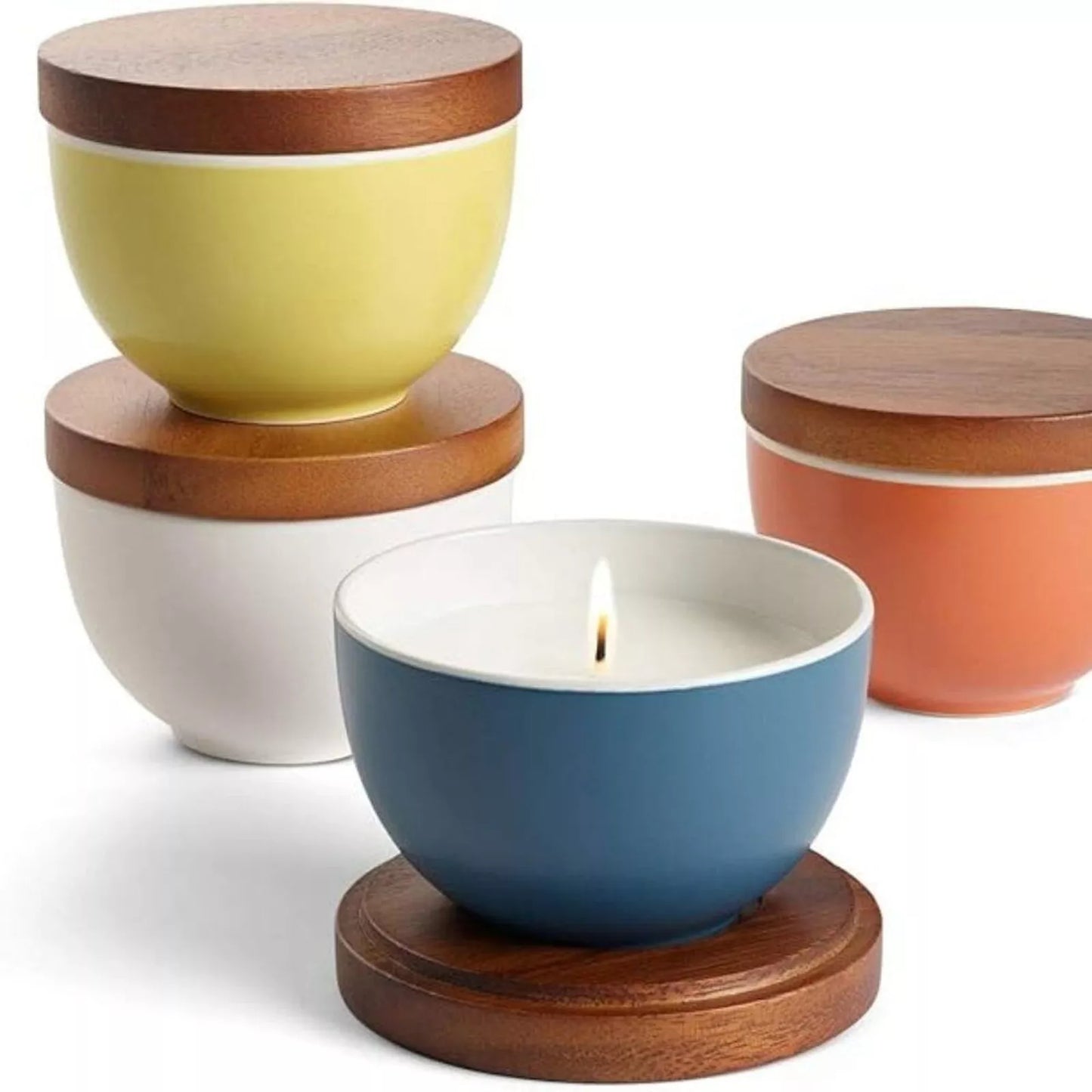 Nambe Desert Lilly White Soy Wax Candle Bowl 4.5"" x 4.5"" with Acacia Wood Lid