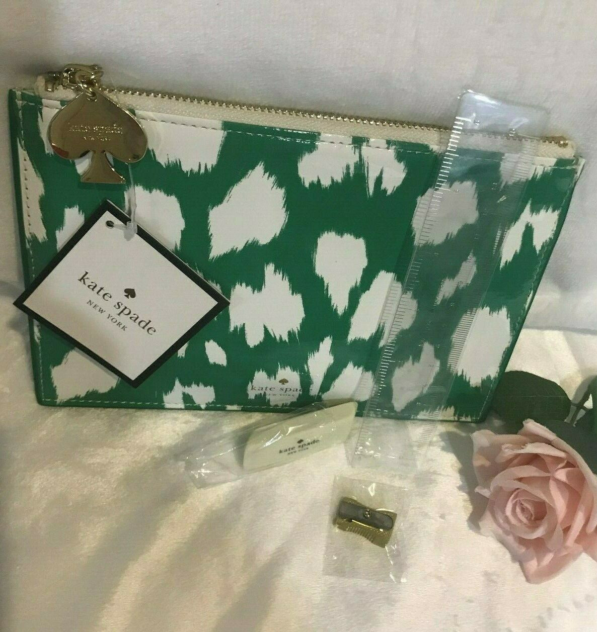 Pencil Pouch Green And White With Eraser, Ruler & Sharpener Kate Spade New York